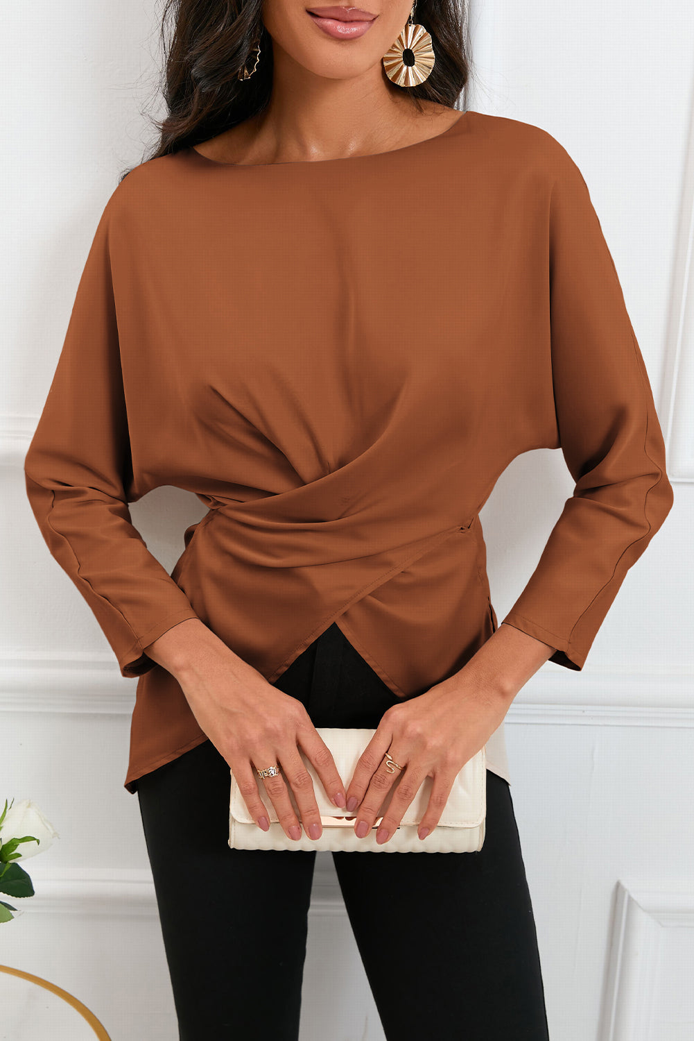 Boat Neck Back Tie Long Sleeve Satin Blouse - FunkyPeacockStore (Store description)