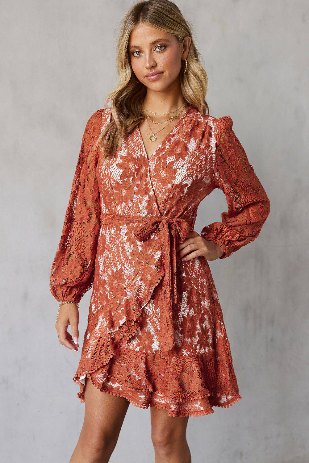 Pompom Trim Puff Sleeve Belted Lace Dress - FunkyPeacockStore (Store description)
