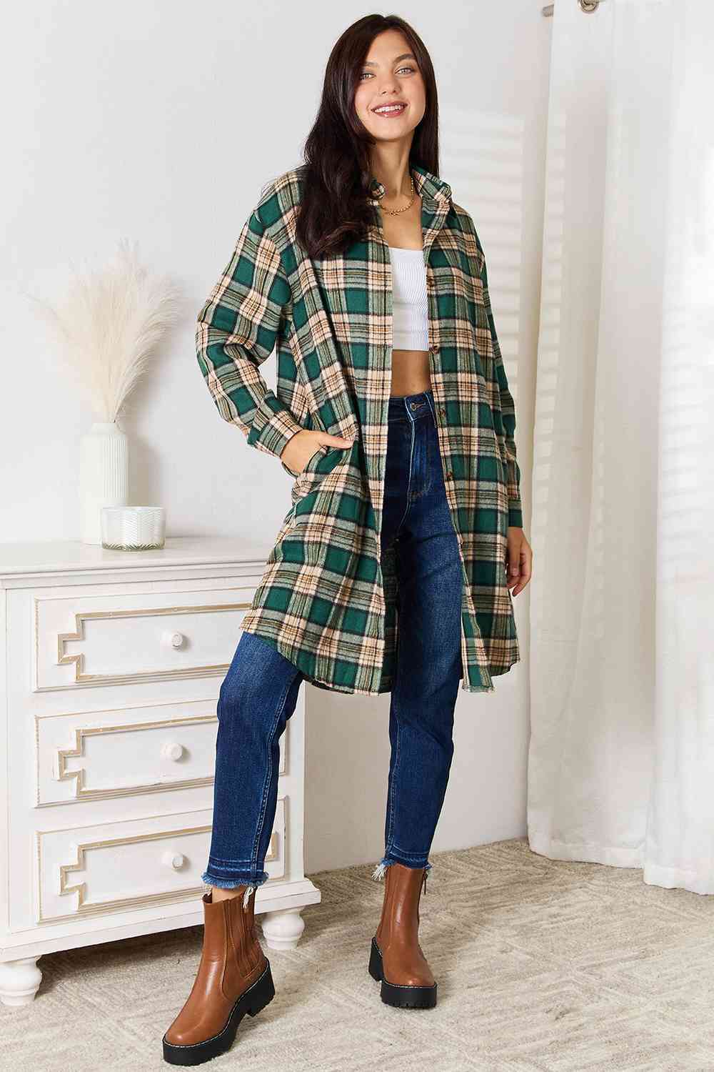 Double Take Plaid Collared Neck Long Sleeve Shirt - FunkyPeacockStore (Store description)