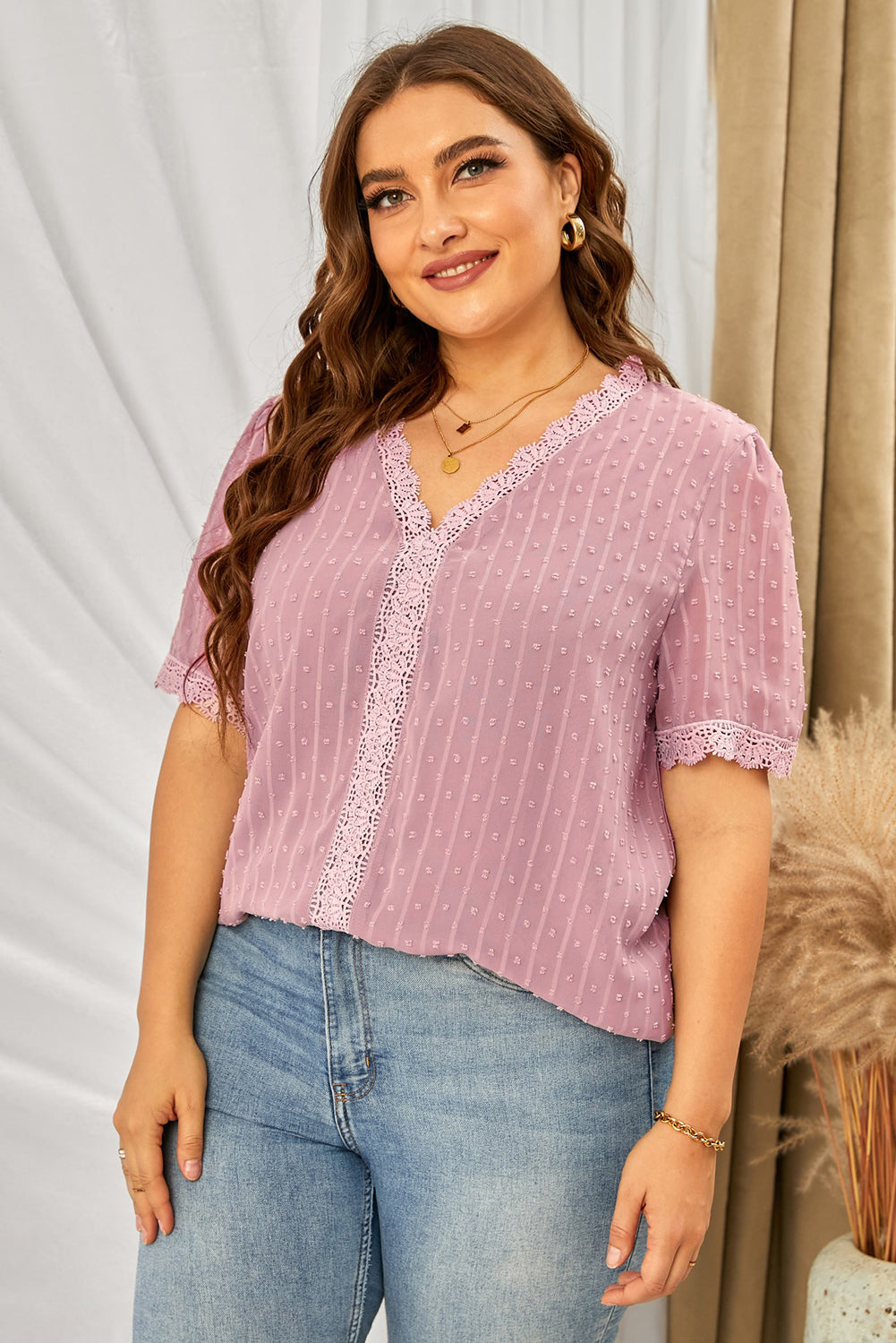 Swiss Dot Spliced Lace V-Neck Blouse - FunkyPeacockStore (Store description)