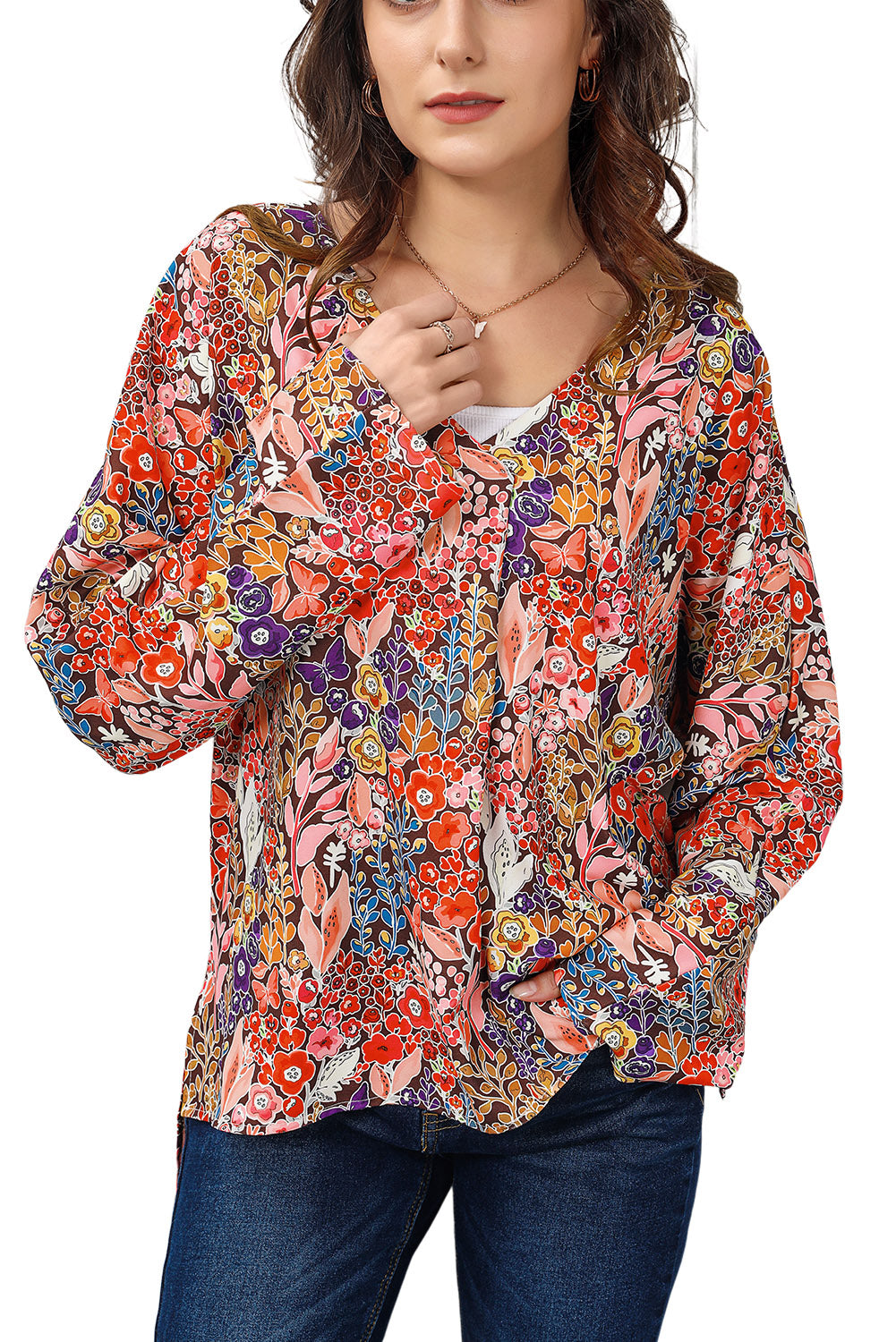 Floral V-Neck Long Sleeve Blouse - FunkyPeacockStore (Store description)