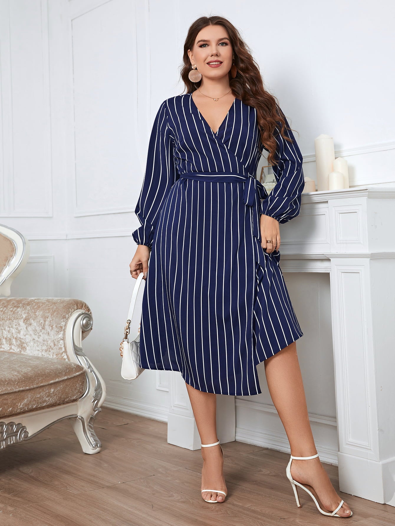 Striped Surplice Neck Long Sleeve Dress - FunkyPeacockStore (Store description)