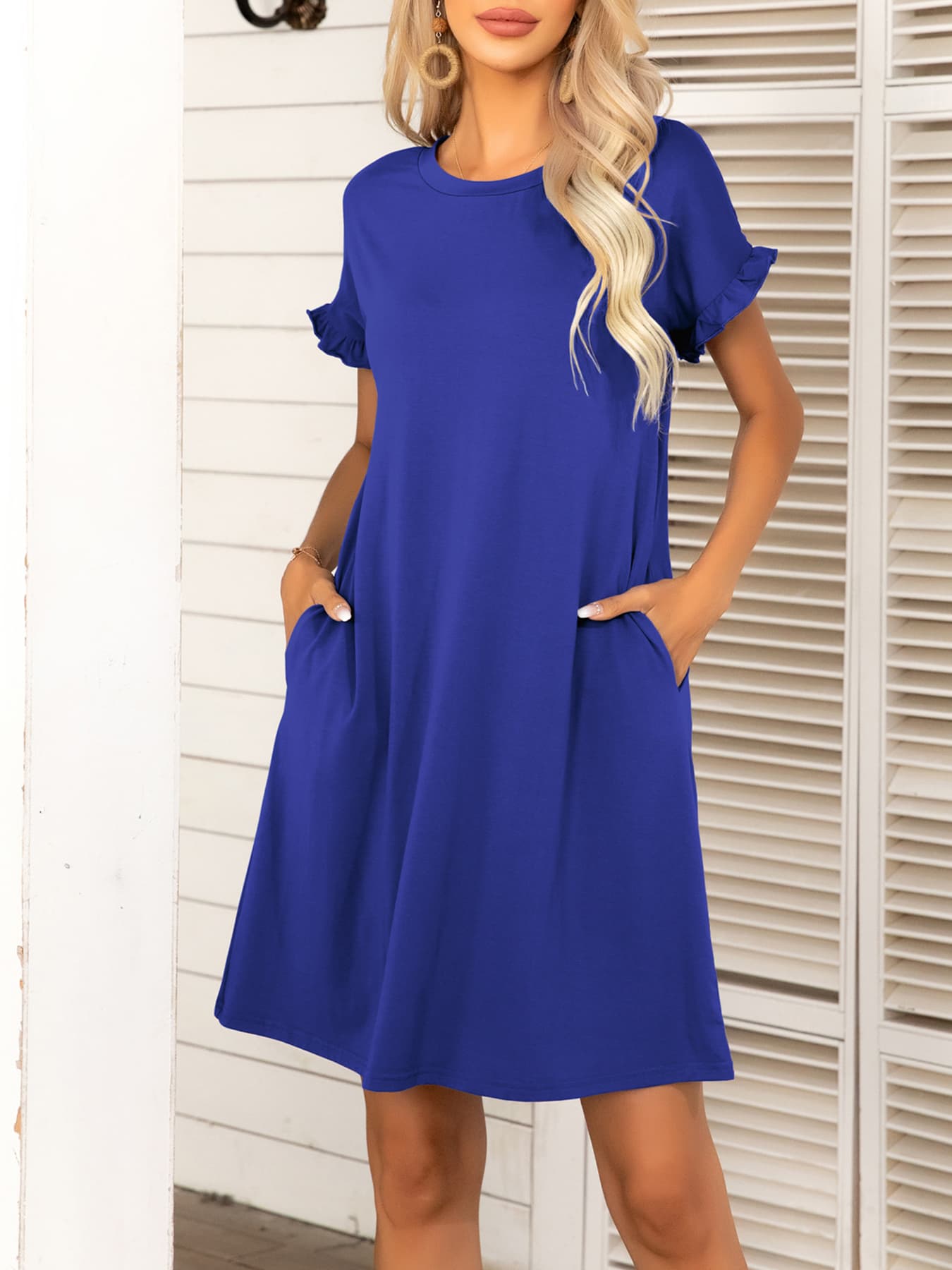 Round Neck Flounce Sleeve Dress with Pockets - FunkyPeacockStore (Store description)