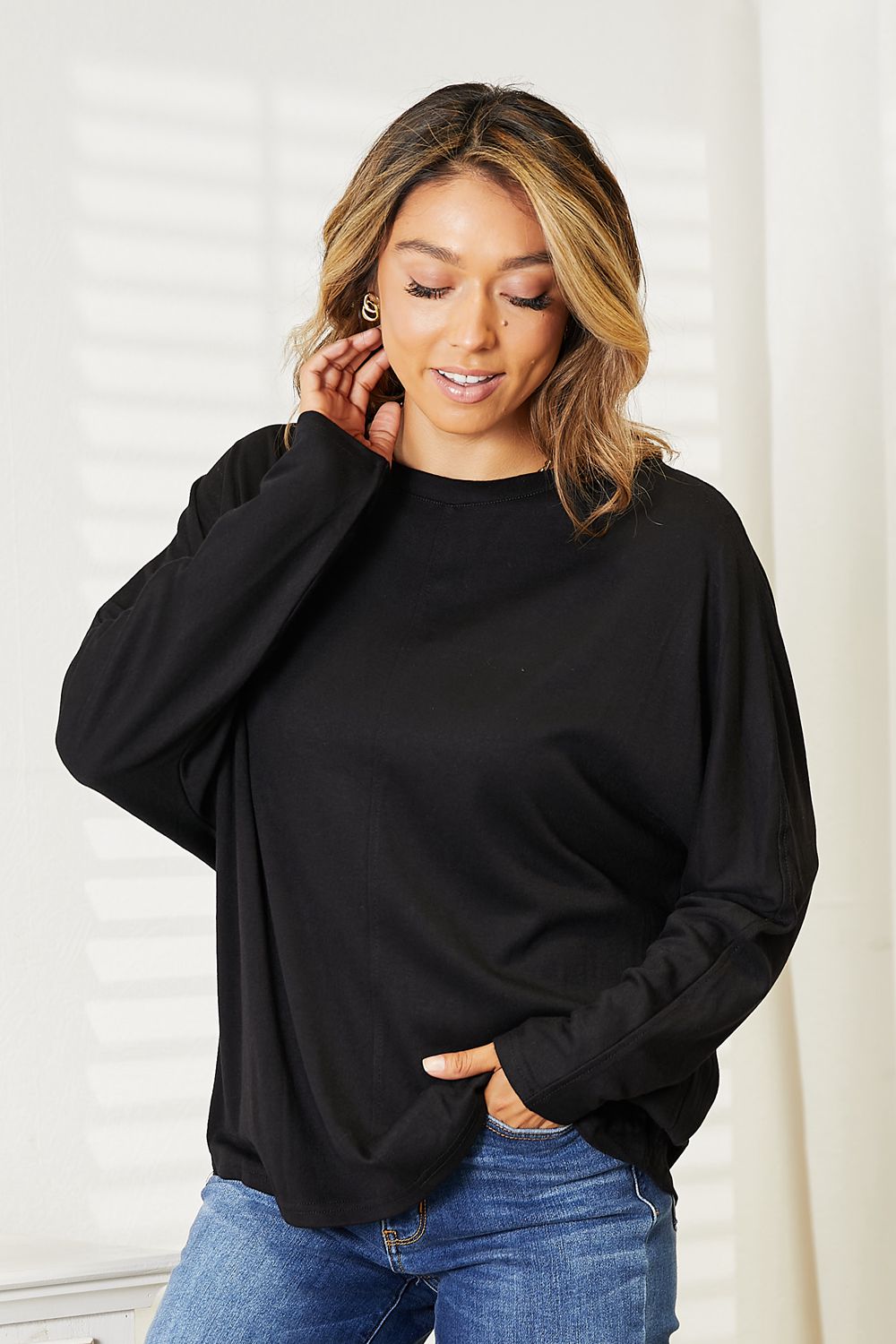 Double Take Seam Detail Round Neck Long Sleeve Top - FunkyPeacockStore (Store description)