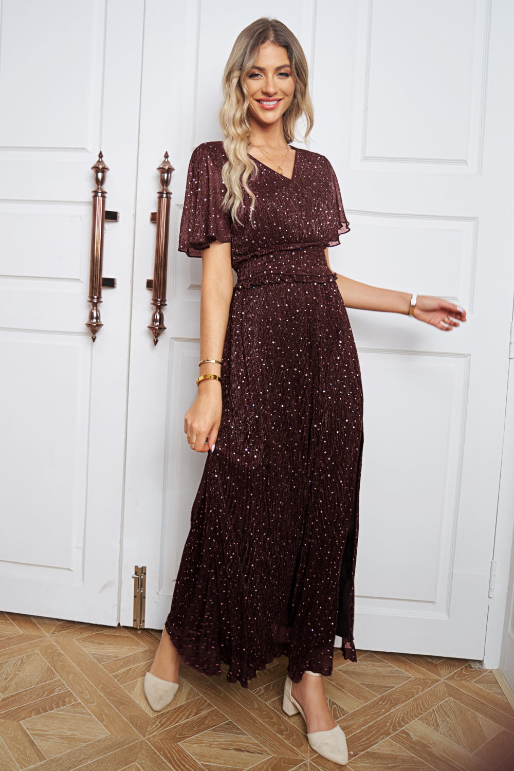 V-Neck High Slit Glitter Maxi Dress - FunkyPeacockStore (Store description)