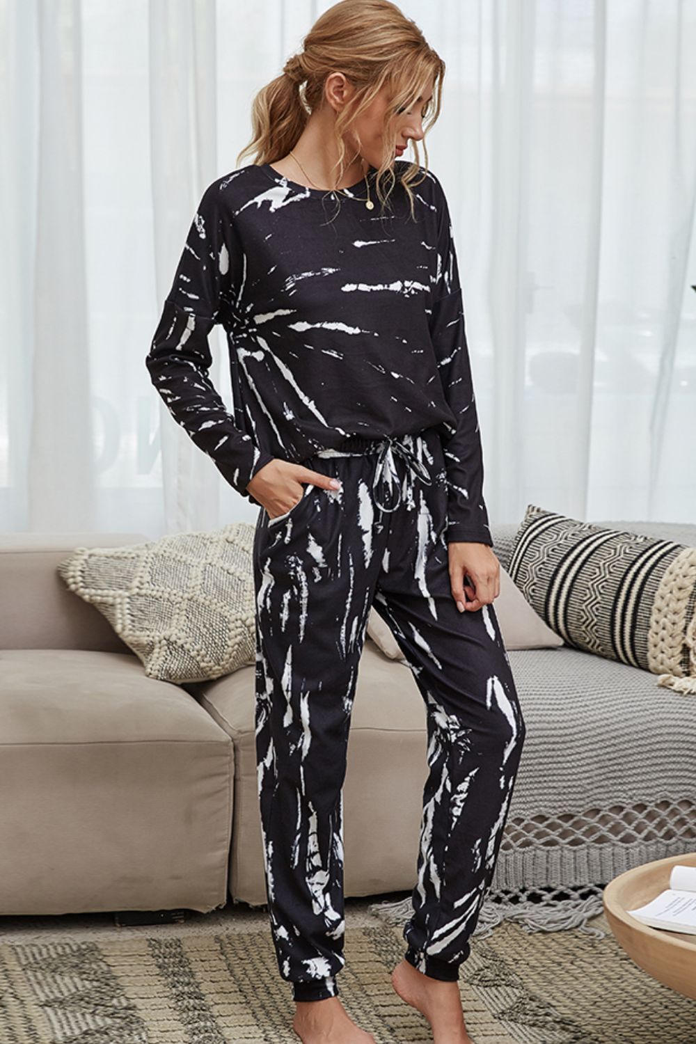 Tie-Dye Round Neck Top and Drawstring Waist Joggers Lounge Set - FunkyPeacockStore (Store description)