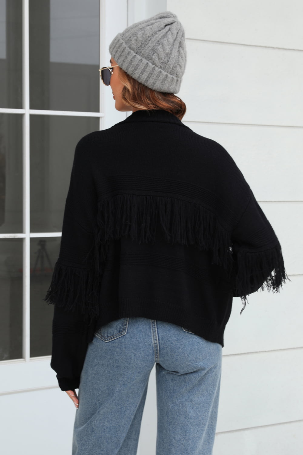 Fringe Trim Open Front Cardigan - FunkyPeacockStore (Store description)