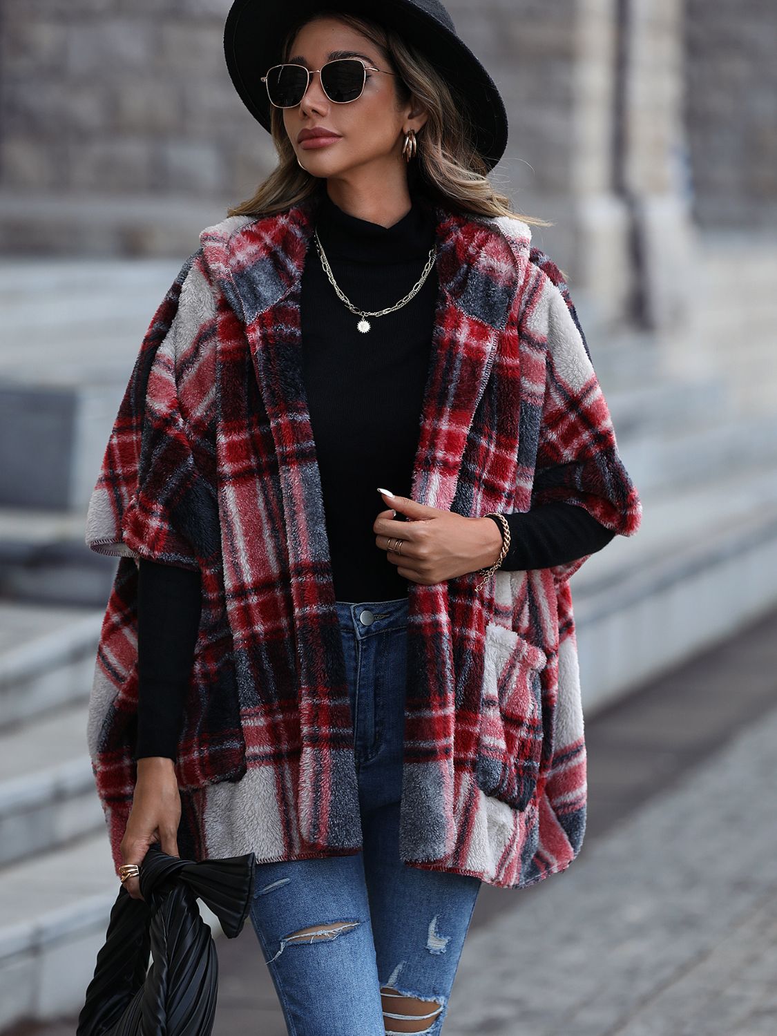 Plaid Hooded Coat with Pockets - FunkyPeacockStore (Store description)