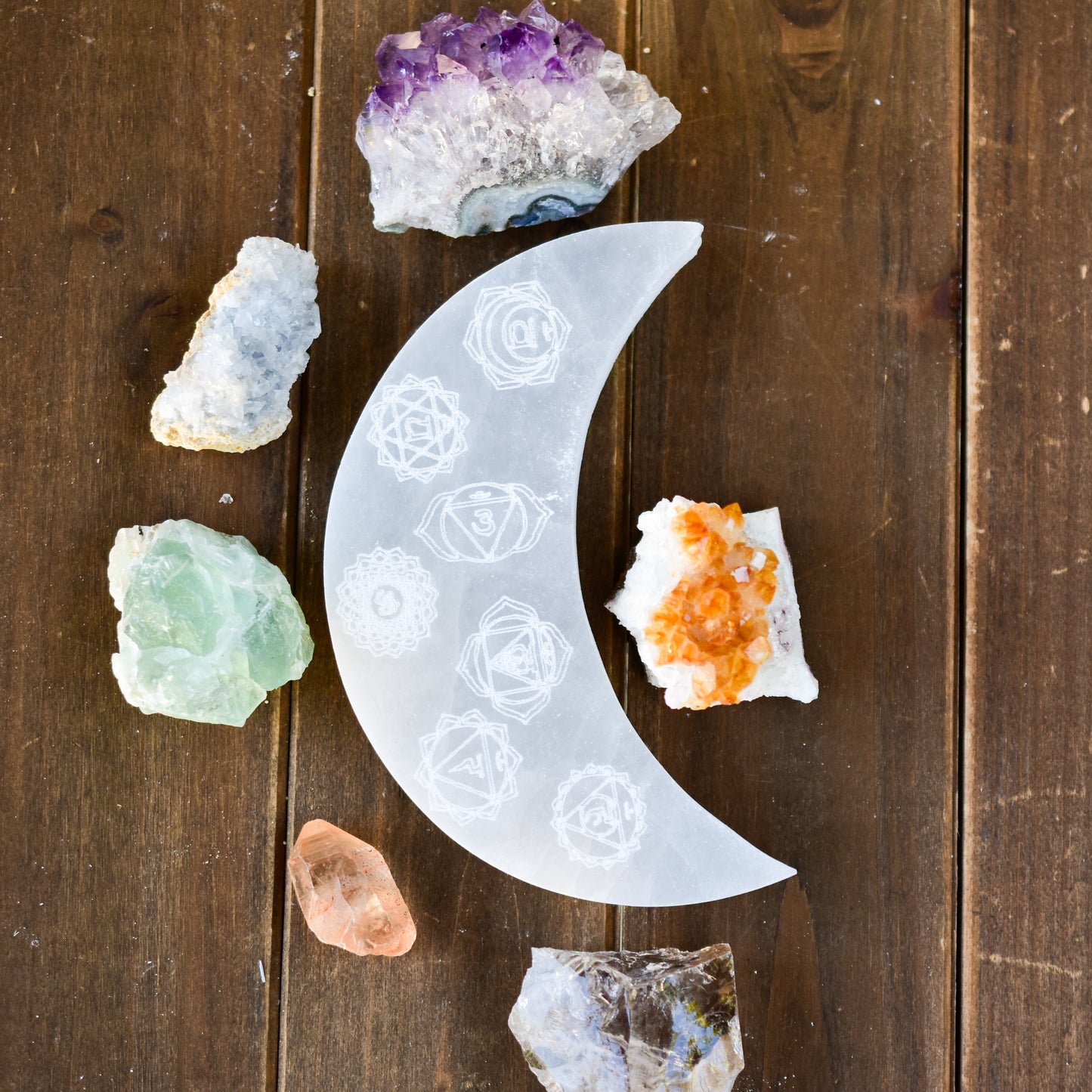 7 Chakras Engraved Crescent Moon Selenite Plate - FunkyPeacockStore (Store description)