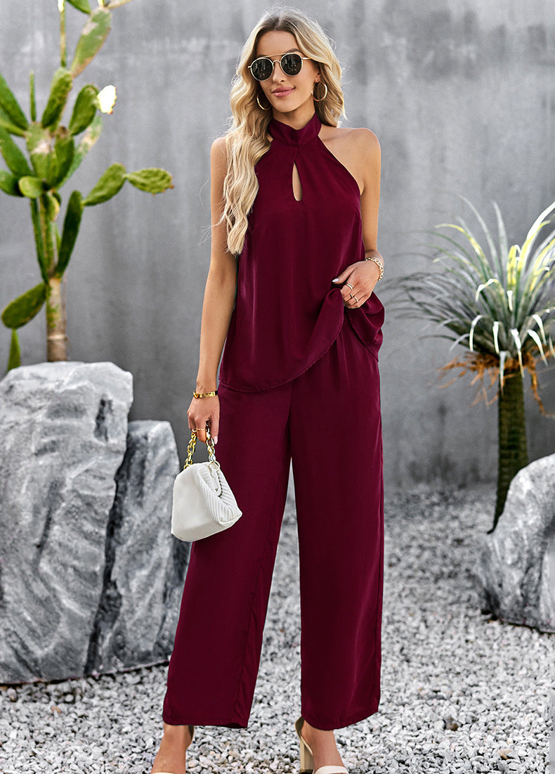 Halter Neck Top and Straight Leg Pants Set - FunkyPeacockStore (Store description)