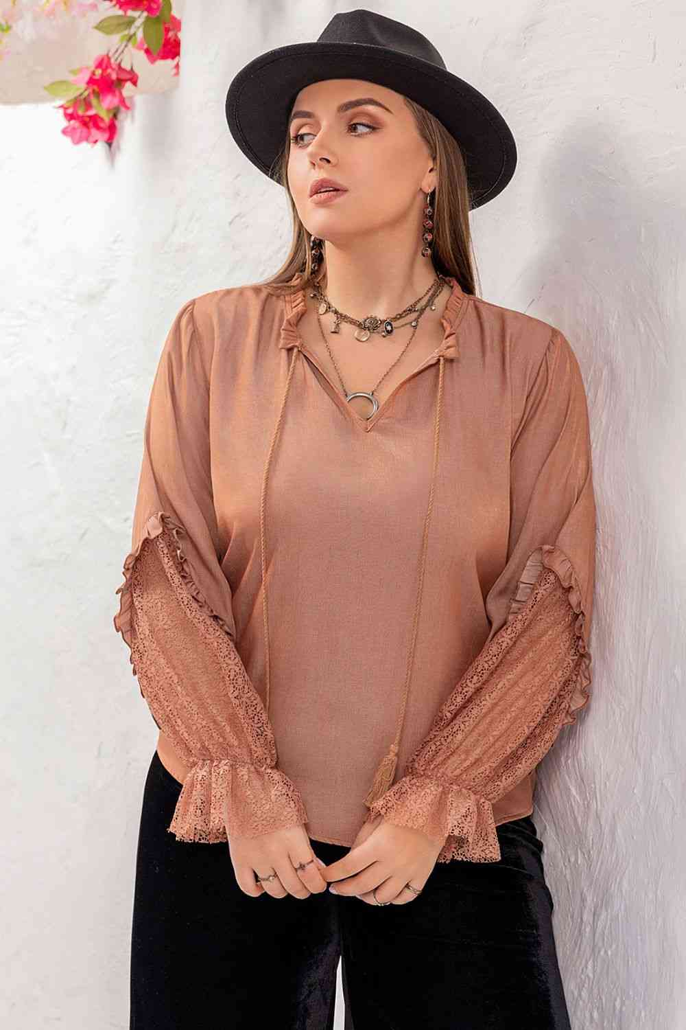 Plus Size Tie Neck Flounce Sleeve Blouse - FunkyPeacockStore (Store description)