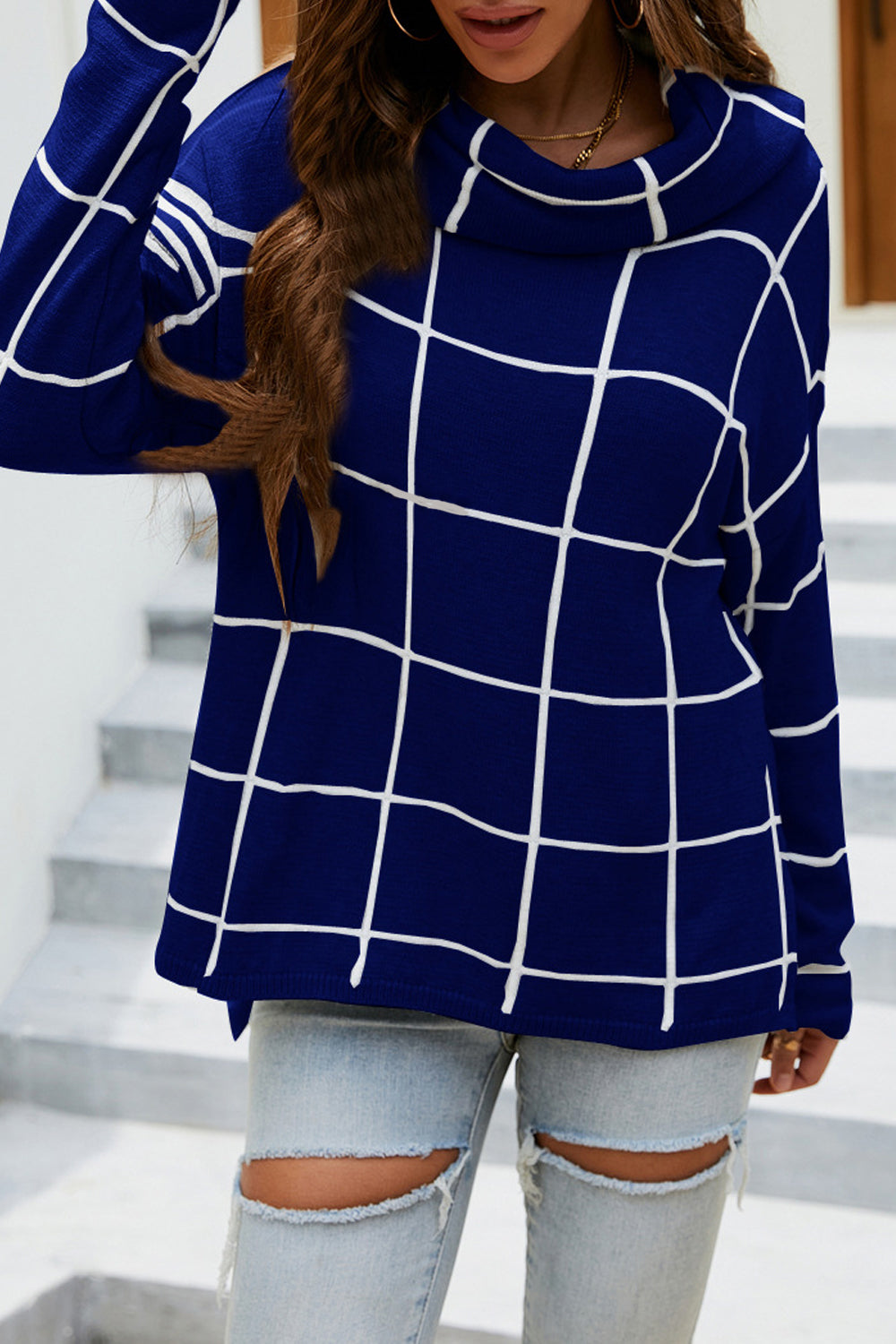 Plaid Turtleneck Drop Shoulder Sweater - FunkyPeacockStore (Store description)