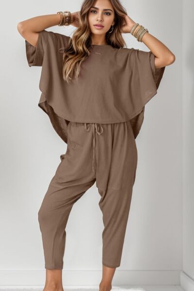 Round Neck Dropped Shoulder Top and Pants Set - FunkyPeacockStore (Store description)