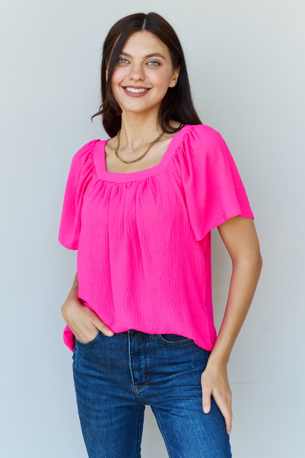 Ninexis Keep Me Close Square Neck Short Sleeve Blouse in Fuchsia - FunkyPeacockStore (Store description)