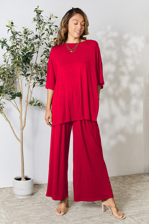 Double Take Full Size Round Neck Slit Top and Pants Set - FunkyPeacockStore (Store description)