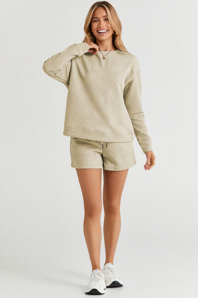 Double Take Texture Long Sleeve Top and Drawstring Shorts Set - FunkyPeacockStore (Store description)