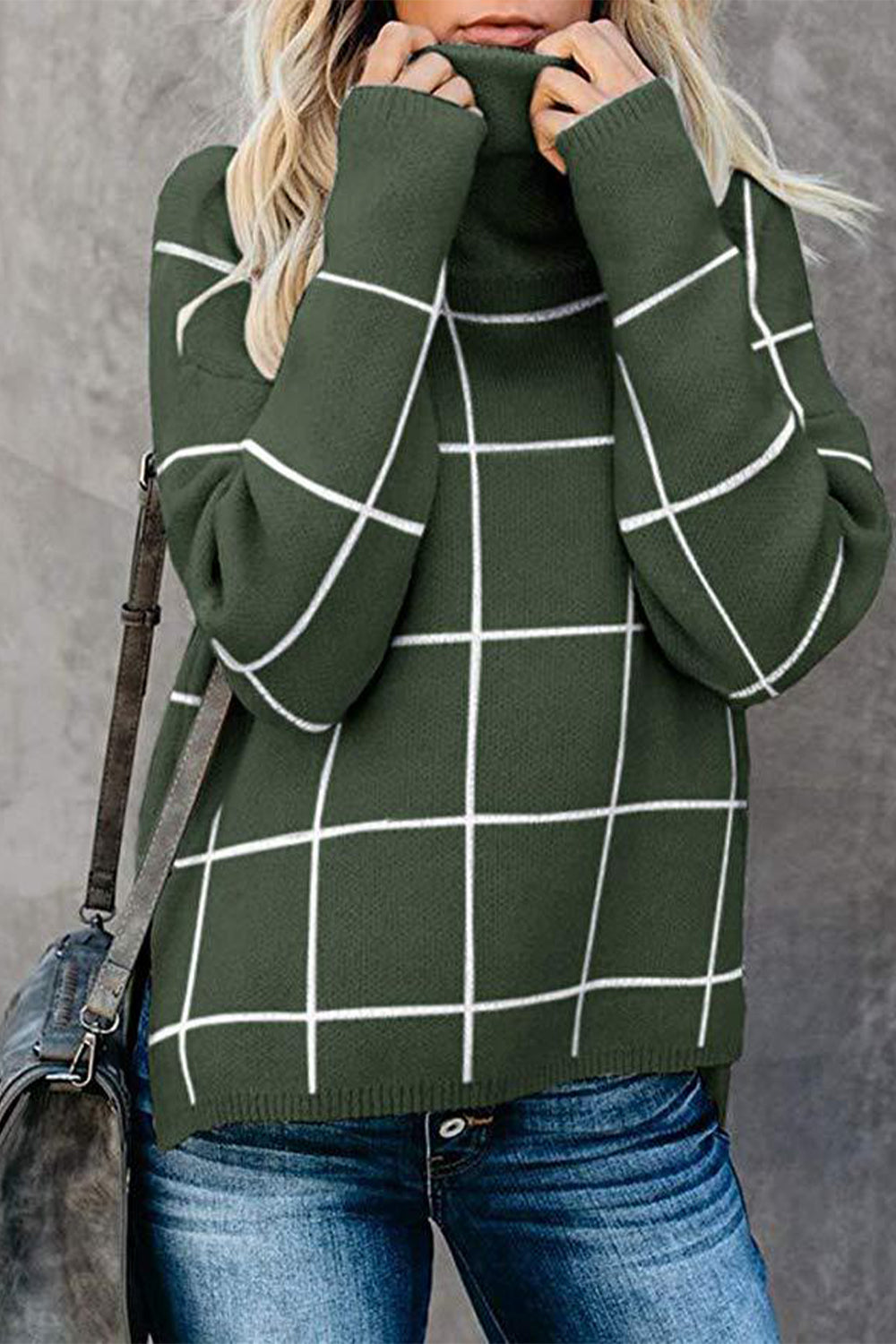 Plaid Turtleneck Drop Shoulder Sweater - FunkyPeacockStore (Store description)