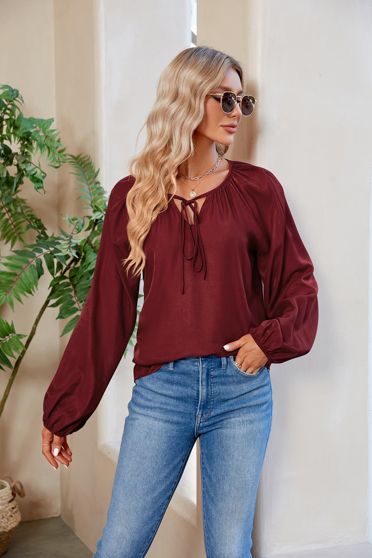 Tie Neck Balloon Sleeve Blouse - FunkyPeacockStore (Store description)