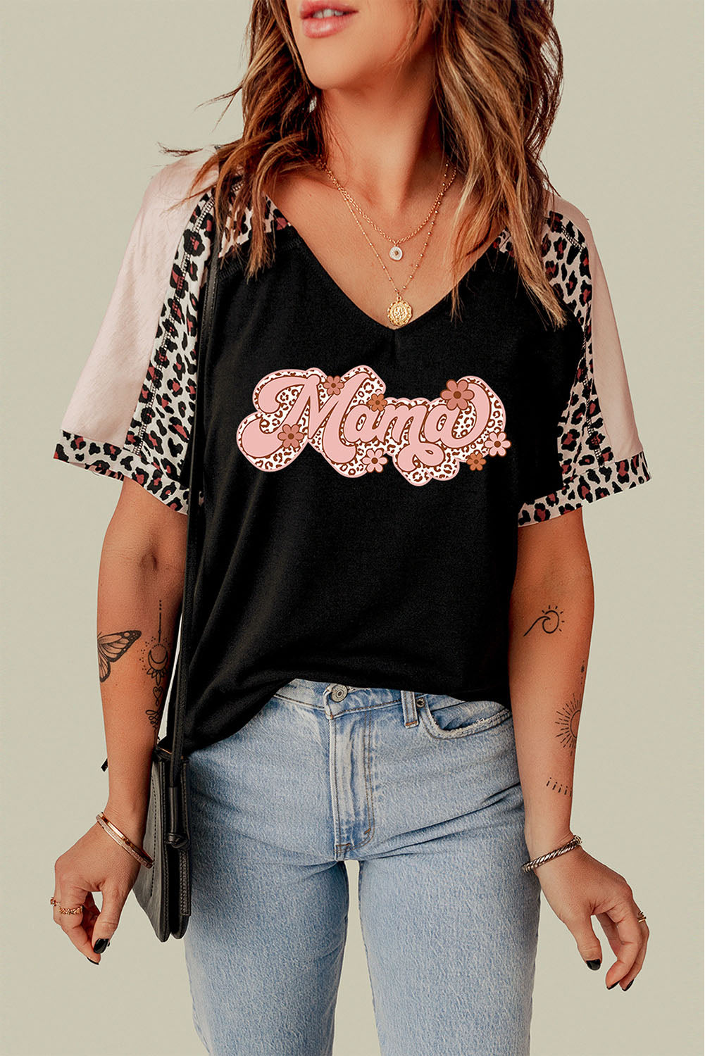 MAMA Graphic Leopard V-Neck Tee Shirt - FunkyPeacockStore (Store description)