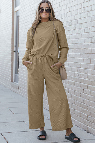 Double Take Textured Long Sleeve Top and Drawstring Pants Set - FunkyPeacockStore (Store description)