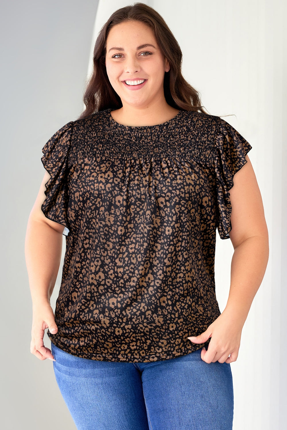 Plus Size Printed Smocked Butterfly Sleeve Blouse - FunkyPeacockStore (Store description)