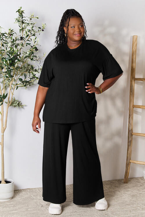 Double Take Full Size Round Neck Slit Top and Pants Set - FunkyPeacockStore (Store description)