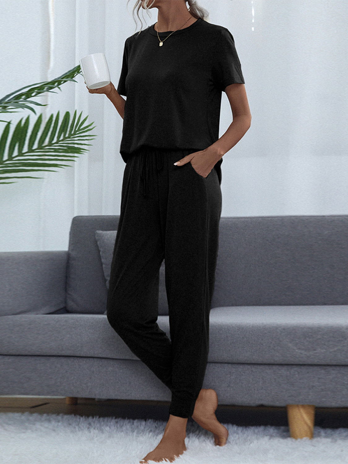 Round Neck Short Sleeve Top and Pants Set - FunkyPeacockStore (Store description)