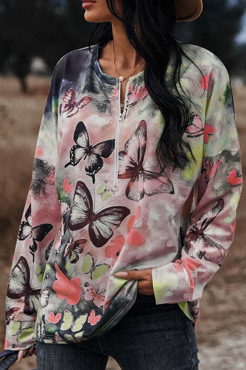 Butterflies Print Round Neck Zipper Front Blouse - FunkyPeacockStore (Store description)