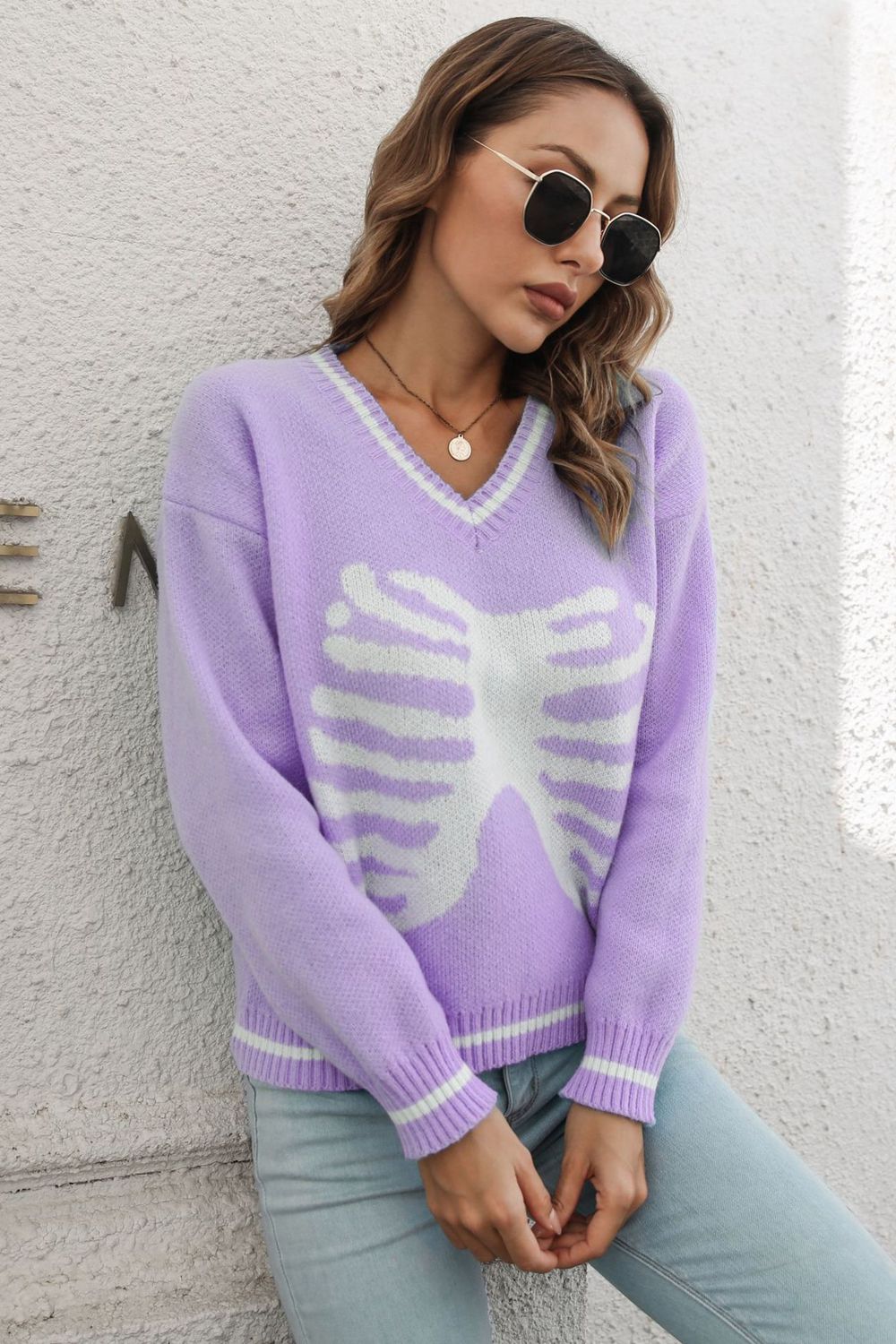 Skeleton Pattern V-Neck Long Sleeve Pullover Sweater - FunkyPeacockStore (Store description)