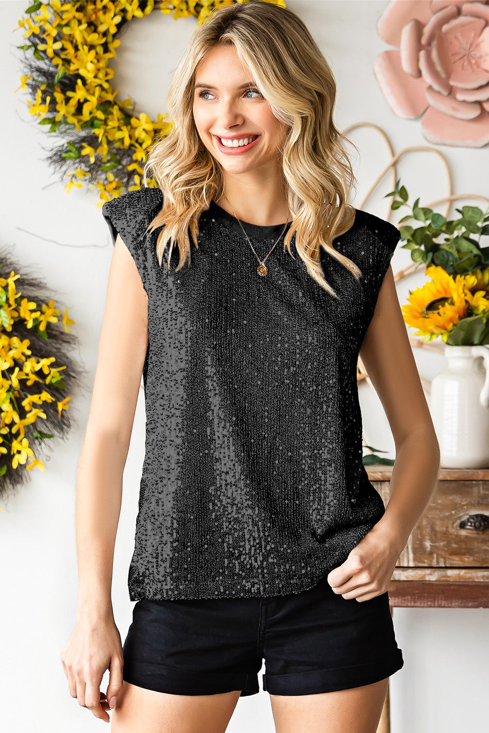 Sequin Round Neck Capped Sleeve Tank - FunkyPeacockStore (Store description)