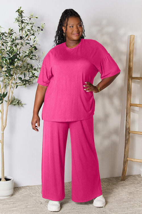 Double Take Full Size Round Neck Slit Top and Pants Set - FunkyPeacockStore (Store description)