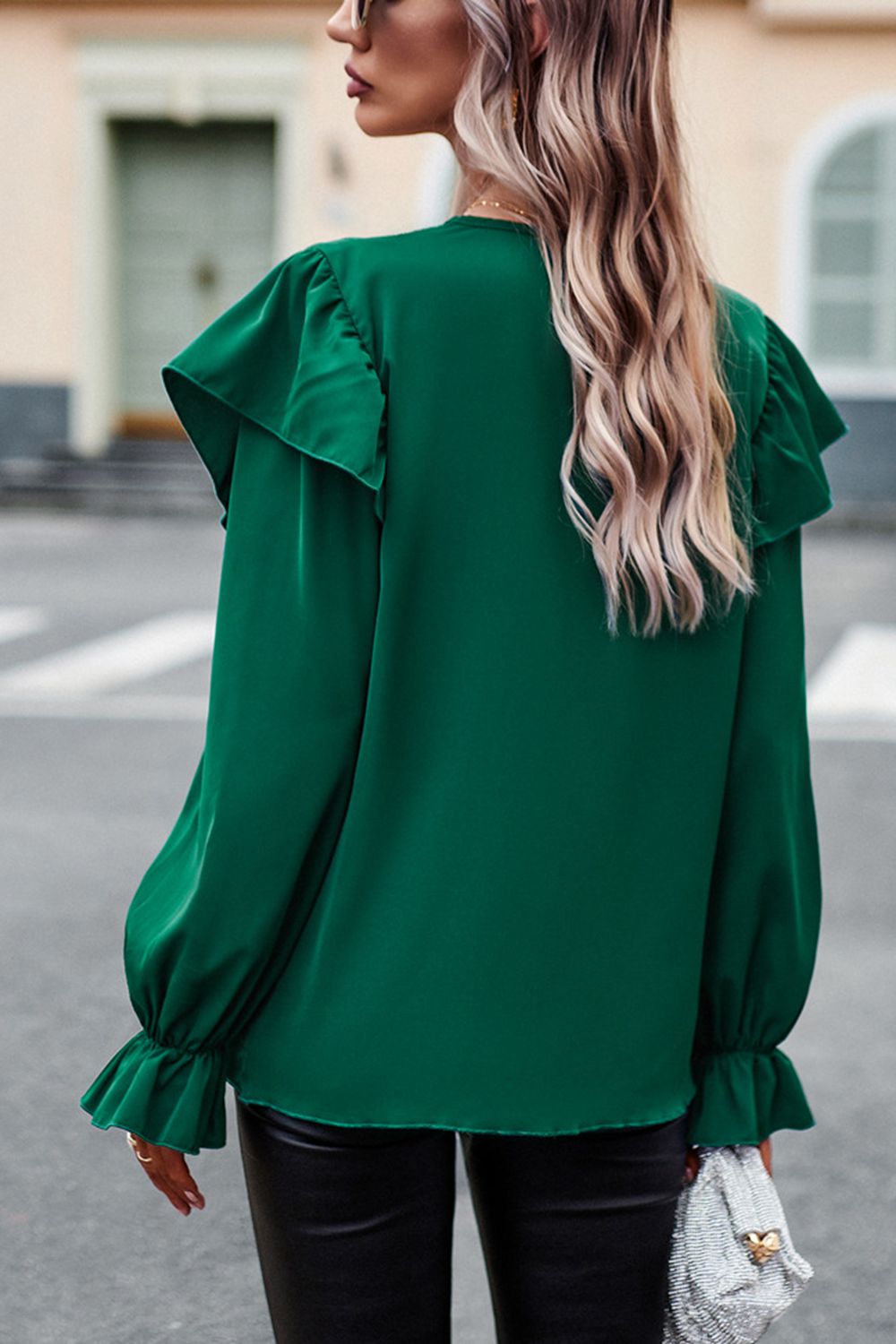 V-Neck Flounce Sleeve Ruffle Trim Blouse - FunkyPeacockStore (Store description)