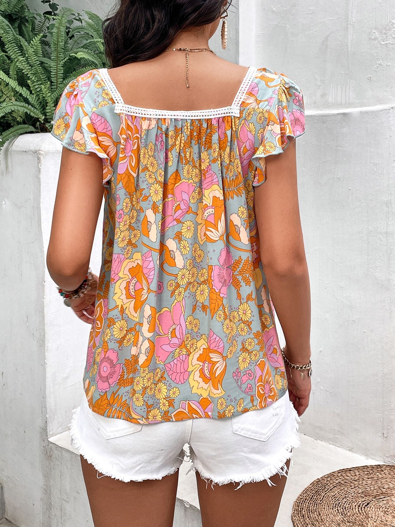 Floral Square Neck Flutter Sleeve Blouse - FunkyPeacockStore (Store description)