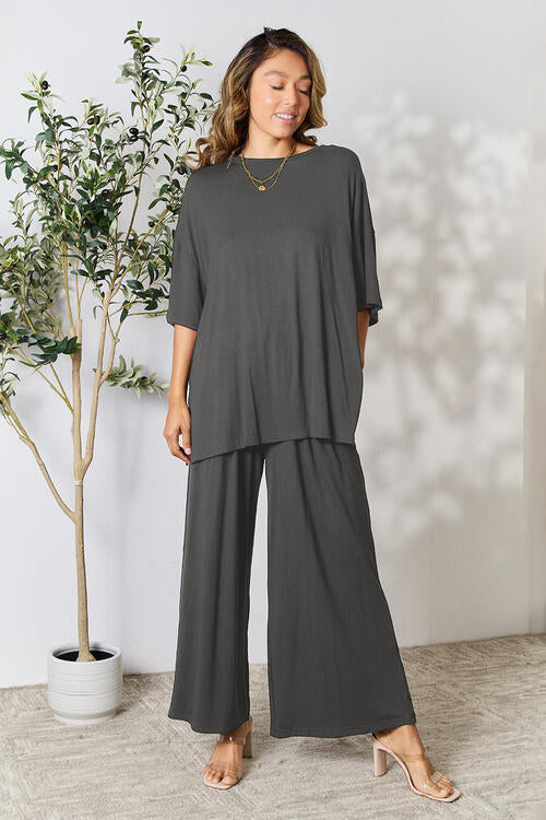 Double Take Full Size Round Neck Slit Top and Pants Set - FunkyPeacockStore (Store description)