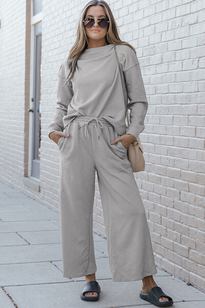 Double Take Textured Long Sleeve Top and Drawstring Pants Set - FunkyPeacockStore (Store description)