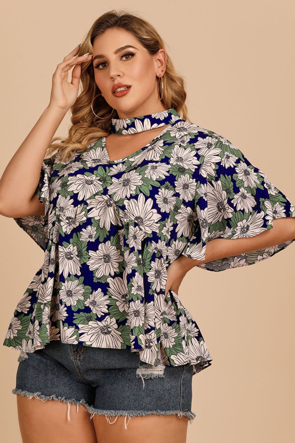 Floral Flutter Sleeve Cutout Blouse - FunkyPeacockStore (Store description)