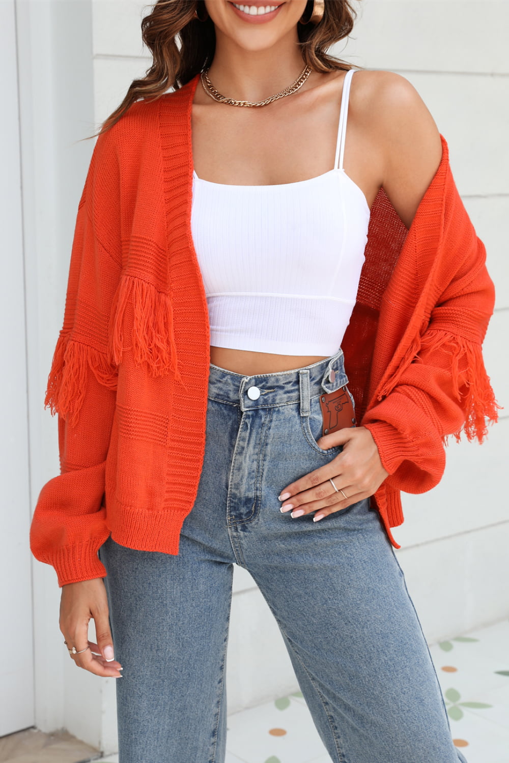 Fringe Trim Open Front Cardigan - FunkyPeacockStore (Store description)