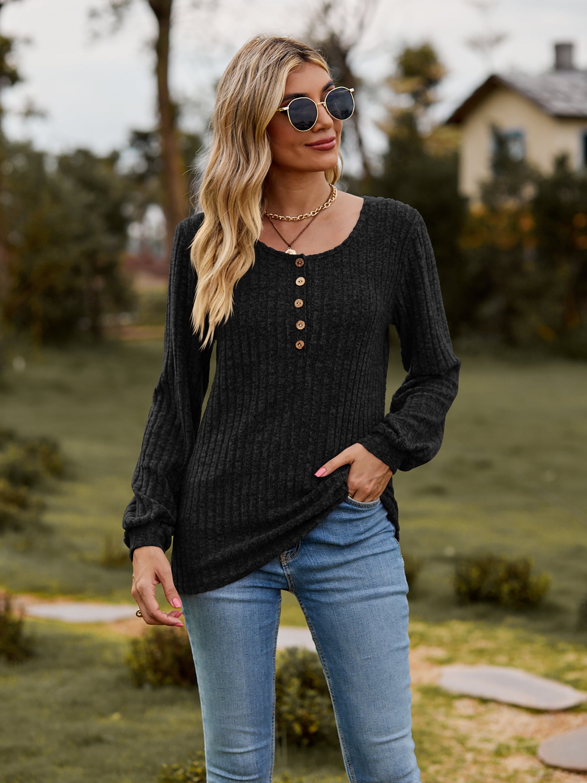 Round Neck Button-Down Long Sleeve Tee - FunkyPeacockStore (Store description)