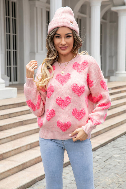 Round Neck Dropped Shoulder Sweater with Heart Pattern - FunkyPeacockStore (Store description)