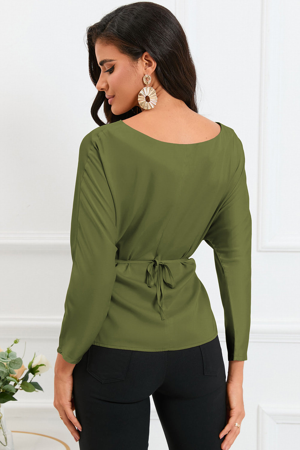 Boat Neck Back Tie Long Sleeve Satin Blouse - FunkyPeacockStore (Store description)