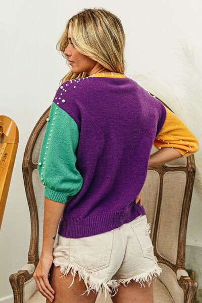 BiBi Color Block Pearl Detail Round Neck Sweater - FunkyPeacockStore (Store description)