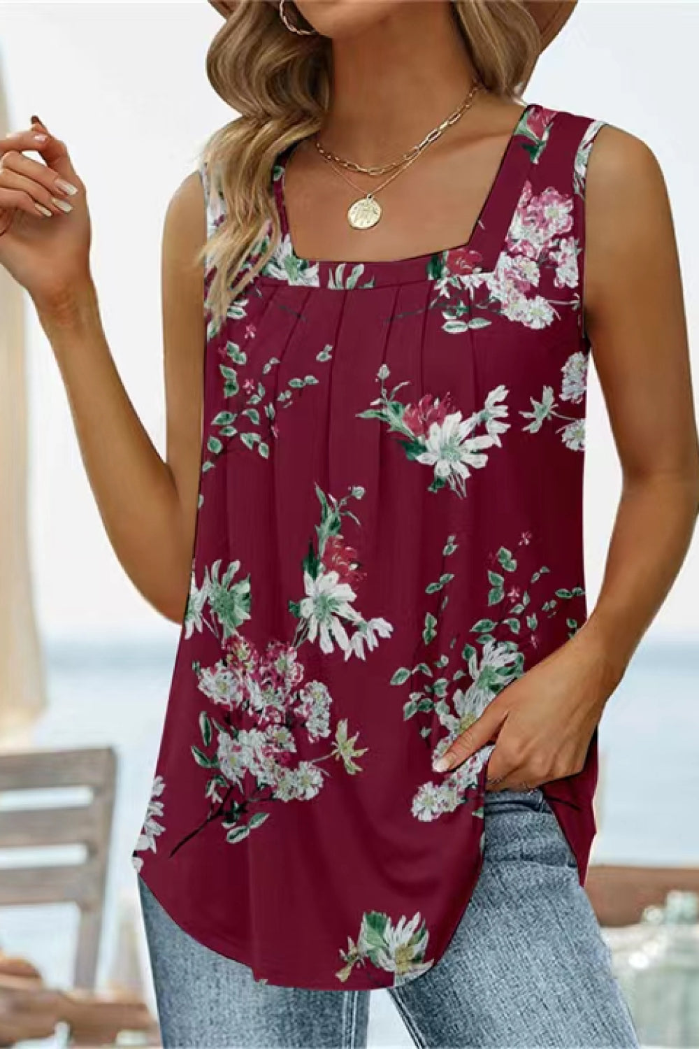 Printed Square Neck Curved Hem Tank - FunkyPeacockStore (Store description)