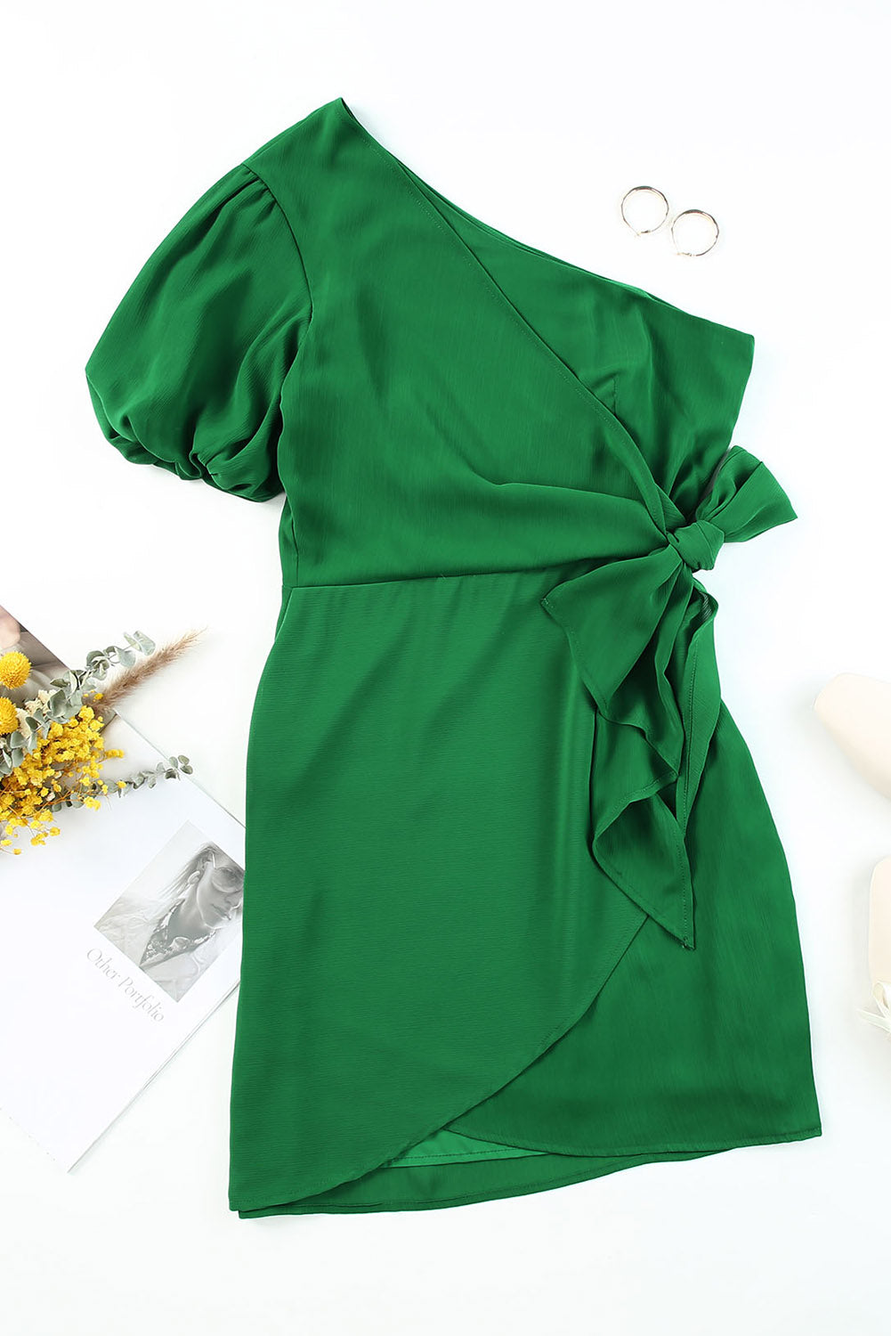 Tied One-Shoulder Puff Sleeve Dress - FunkyPeacockStore (Store description)