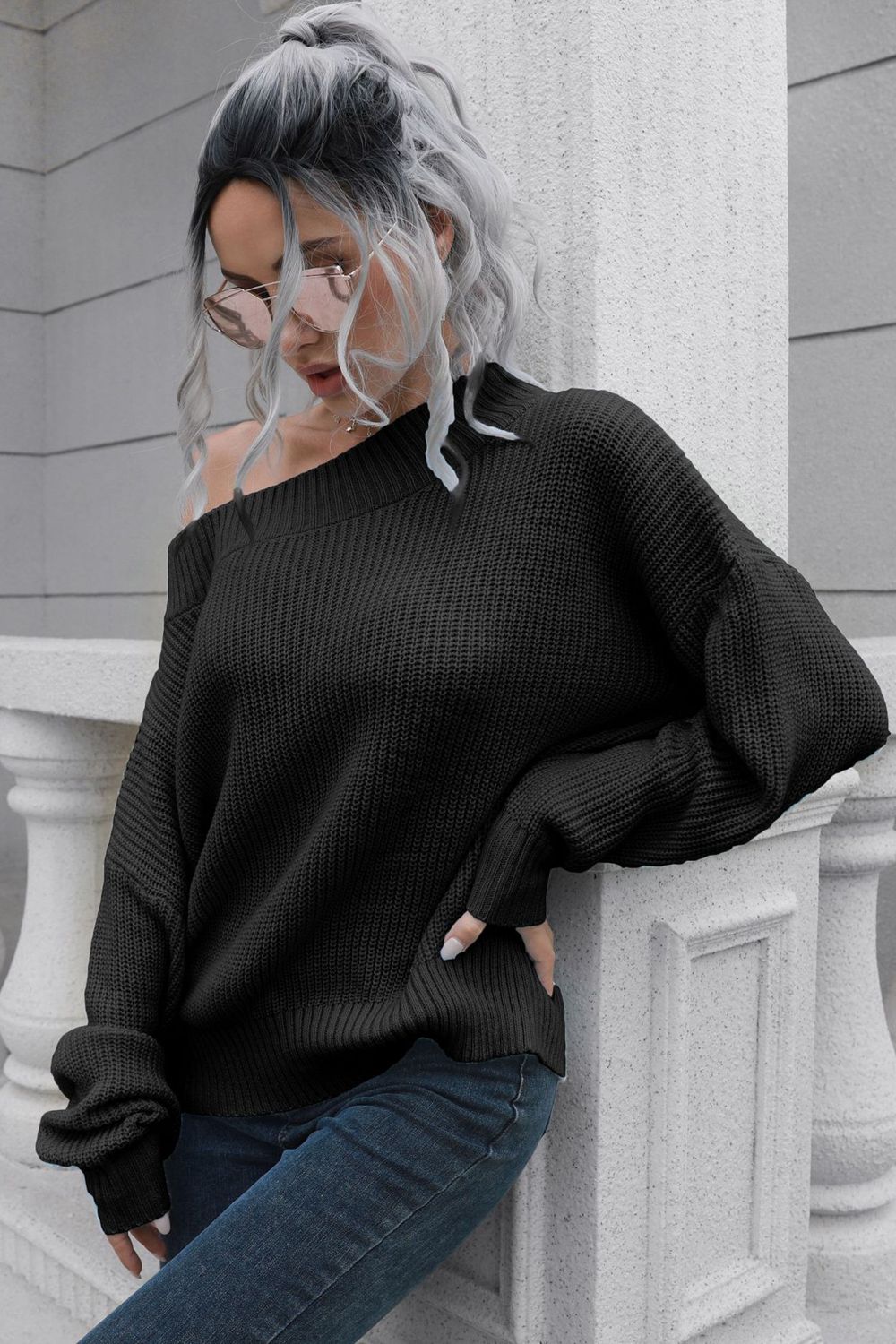 Off-Shoulder Ribbed Long Sleeve Pullover Sweater - FunkyPeacockStore (Store description)
