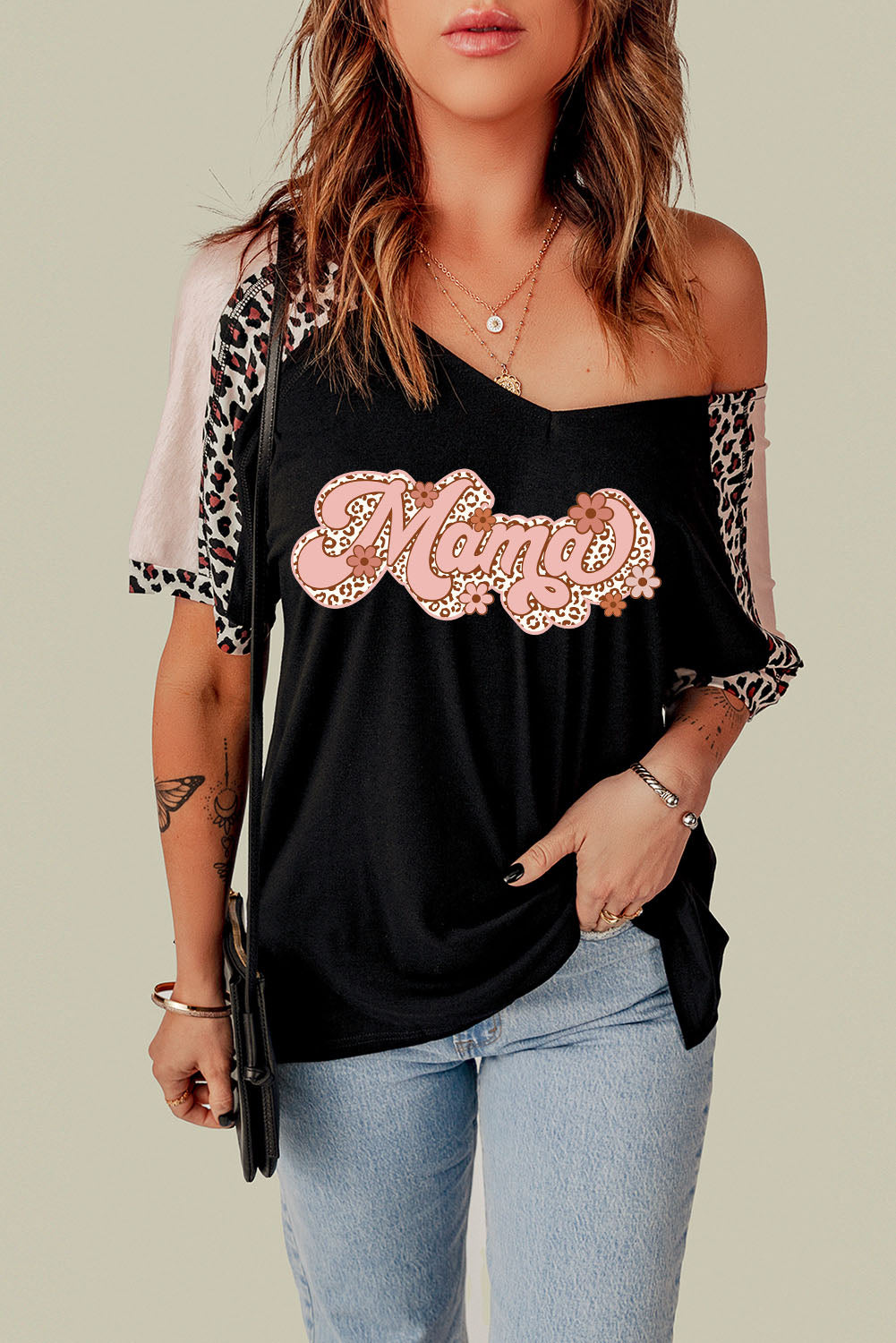 MAMA Graphic Leopard V-Neck Tee Shirt - FunkyPeacockStore (Store description)