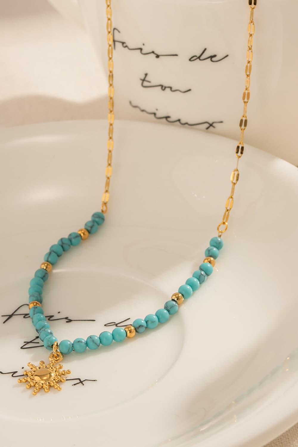 Turquoise Beaded 18K Gold-Pleated Sun Shape Pendant Necklace - FunkyPeacockStore (Store description)