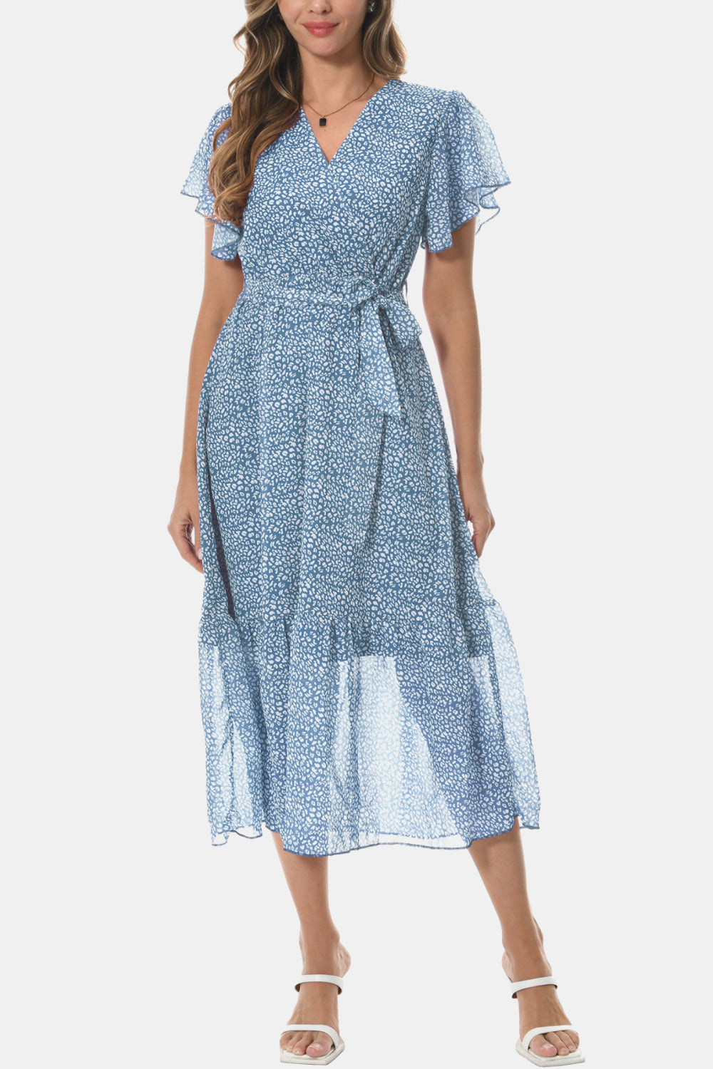 Surplice Neck Flutter Sleeve Tied Dress - FunkyPeacockStore (Store description)