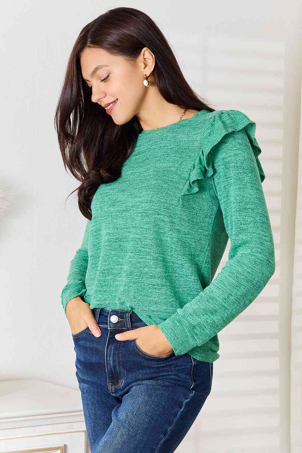 Double Take Ruffle Shoulder Long Sleeve T-Shirt - FunkyPeacockStore (Store description)