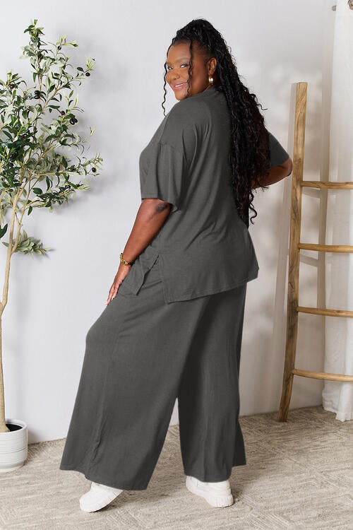 Double Take Full Size Round Neck Slit Top and Pants Set - FunkyPeacockStore (Store description)