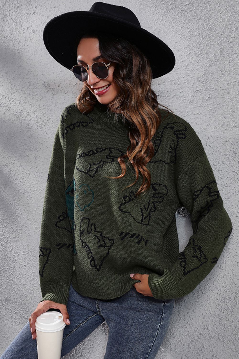 Dinosaur Pattern Round Neck Sweater - FunkyPeacockStore (Store description)